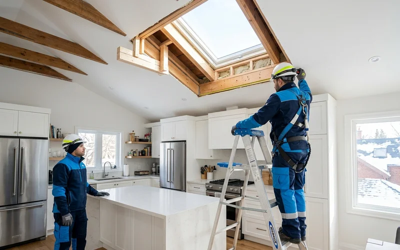 Crew lead measuring a kitchen ceiling during a winter skylight assessment