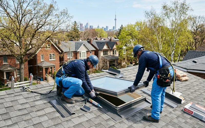 Two-person crew installing a Velux skylight on a clear April morning