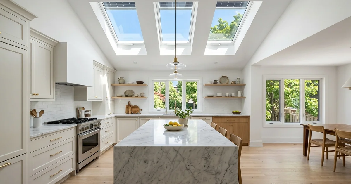 Rosedale heritage kitchen with three Velux VSS solar skylights over the island