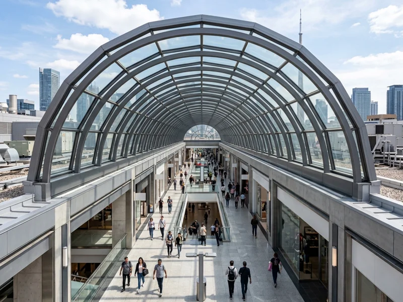 Barrel vault glass skylight over a commercial corridor