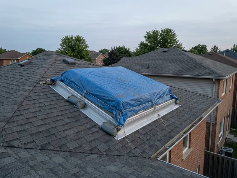 Emergency tarp secured over a storm-damaged skylight on a Brampton roof