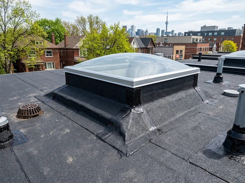 Cant strip and cricket detail around a skylight curb on an SBS roof