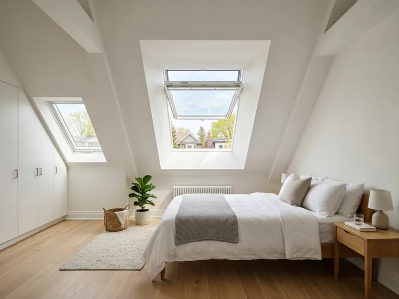 Finished attic bedroom with an open venting Velux skylight