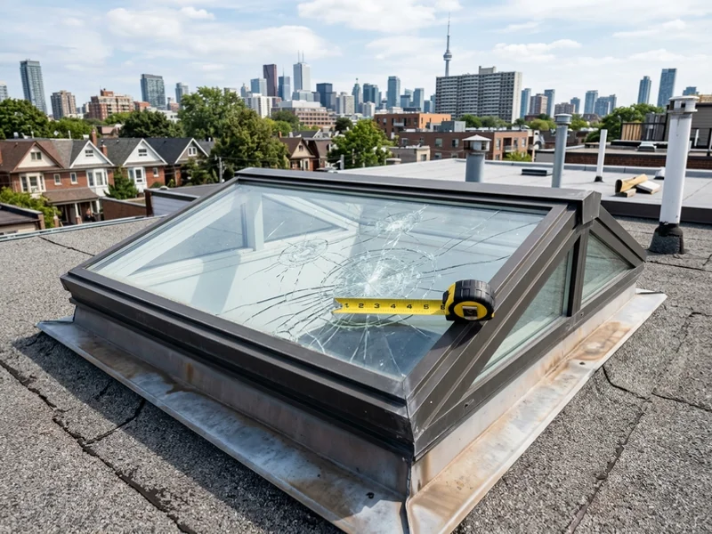 Hail impact damage on skylight glass documented for insurance