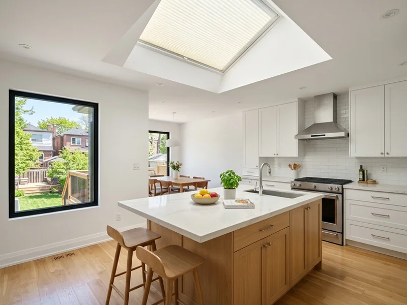 Light-filtering Velux blind softening sun over a kitchen island