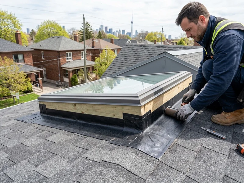 New ice and water shield lapped around a skylight curb during leak repair