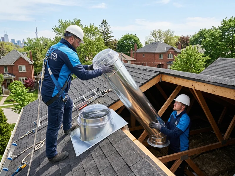 Crew installing a rigid reflective sun tunnel through an attic