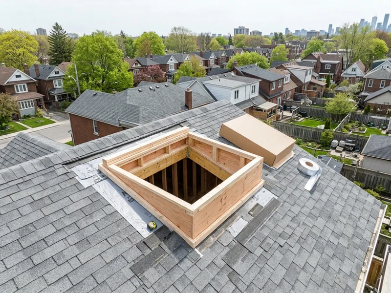 Framed skylight rough opening with doubled headers on a Toronto roof