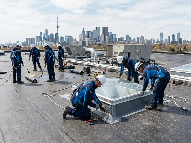 Roofers and skylight crew coordinating a re-roof and replacement
