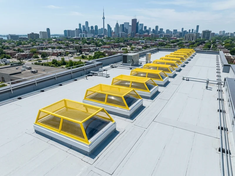 Row of commercial dome skylights with fall-protection screens on a membrane roof