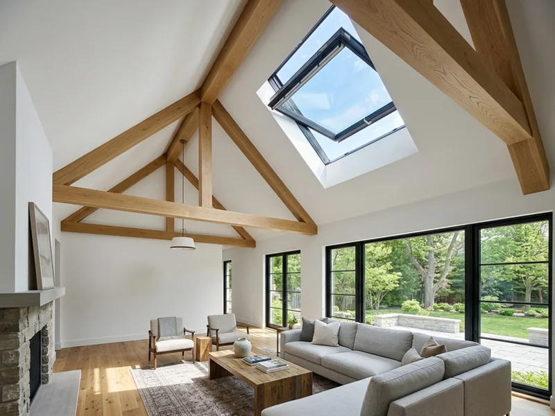 Solar venting skylight open above a cathedral ceiling