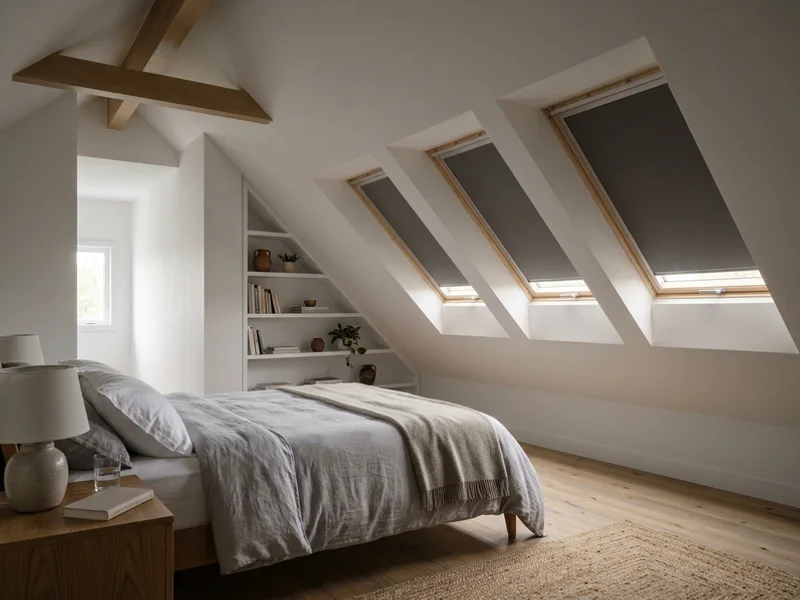 Three matching Velux blackout blinds closed in an attic bedroom
