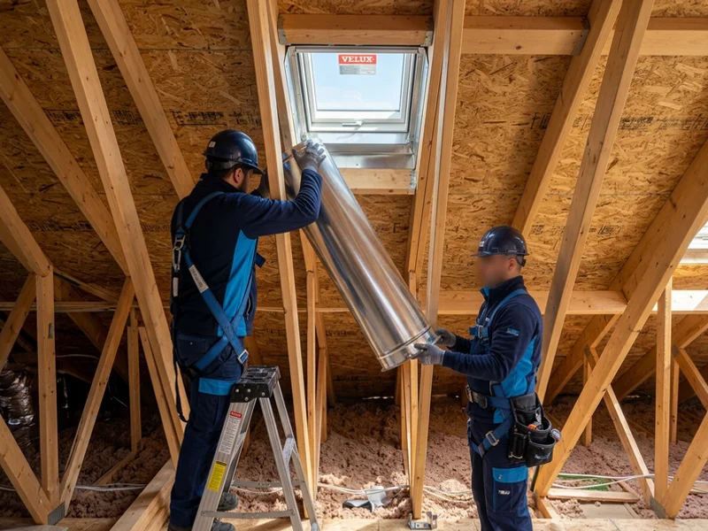 Installers fitting a rigid sun tunnel tube in an attic