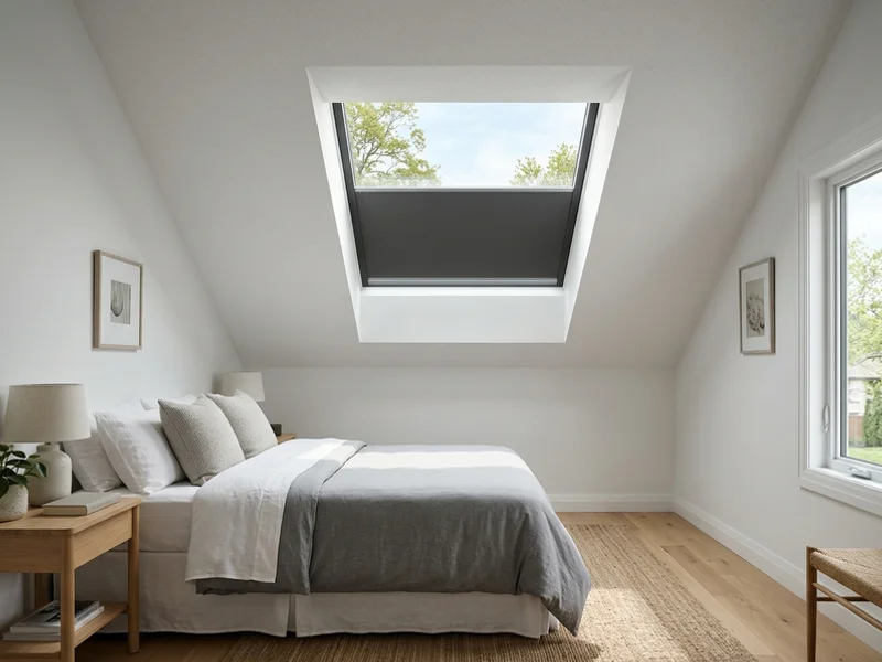 Velux blackout blind half drawn across a bedroom skylight