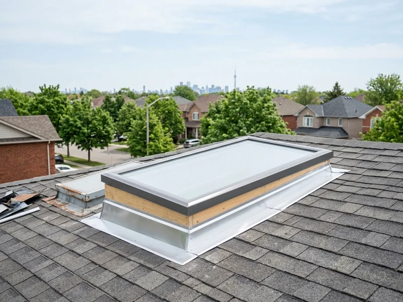 Velux FCM curb-mount replacing a non-Velux unit on a Bramalea roof