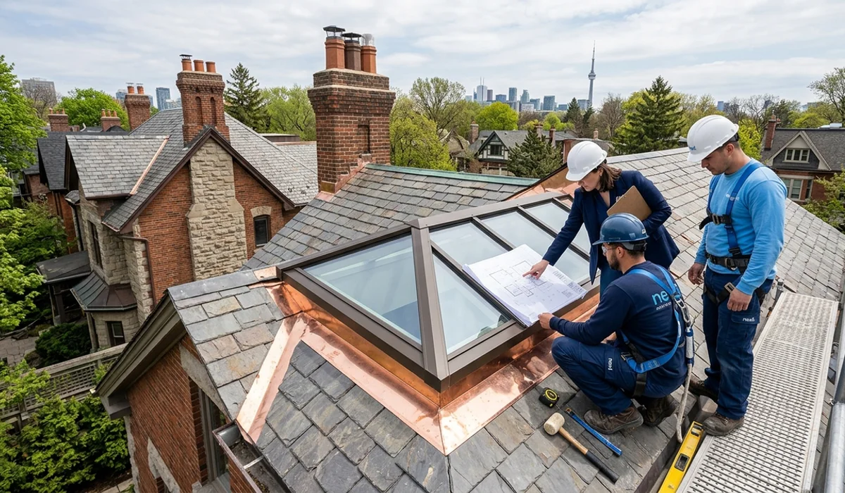 Architect and installers reviewing shop drawings beside a custom skylight frame on a Rosedale roof