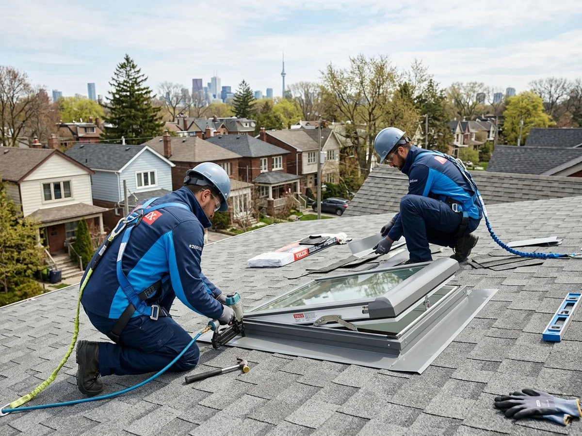 Certified crew installing a Velux VS with an EDL flashing kit on a Toronto roof