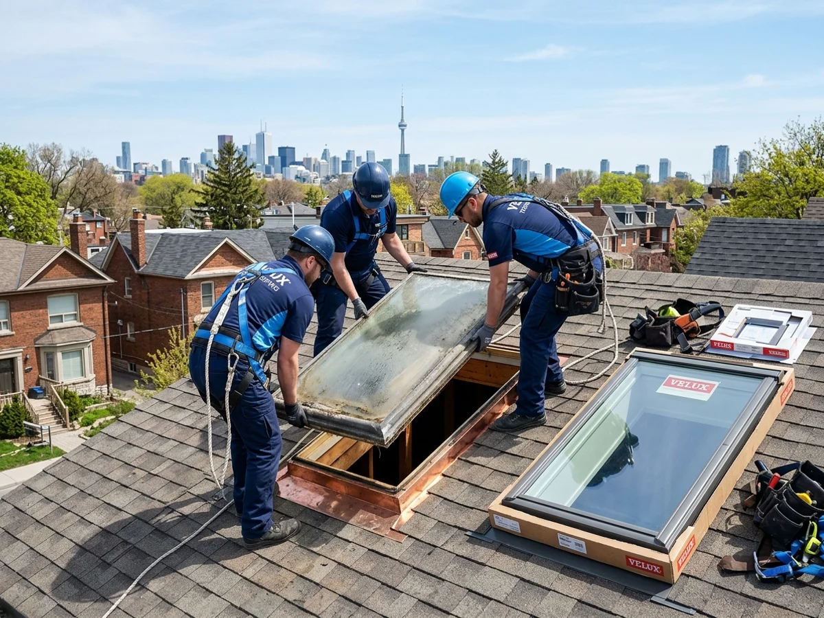 Crew lifting an old fogged skylight out while a new Velux unit waits on a Toronto roof