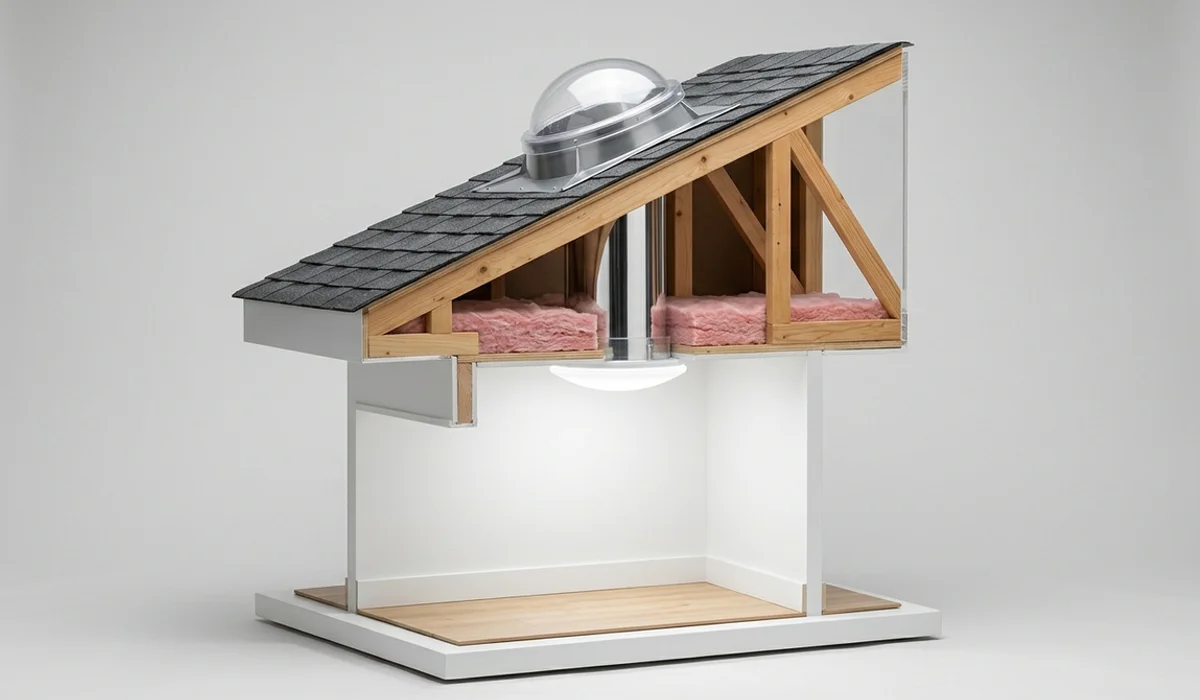 Cutaway of a sun tunnel: roof dome, rigid tube and ceiling diffuser