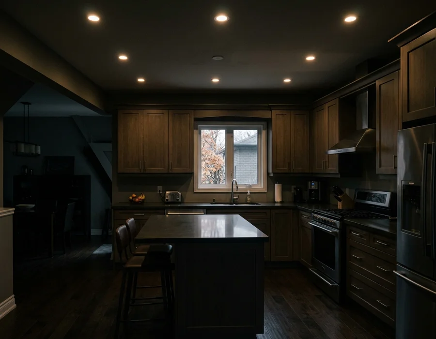 Dark north-facing Toronto kitchen with the lights on at midday before a skylight install