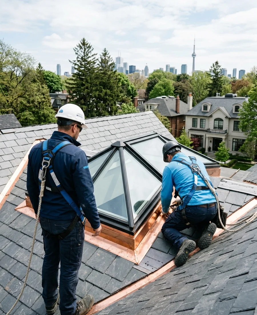 Founder inspecting copper flashing on a custom skylight on a Rosedale slate roof