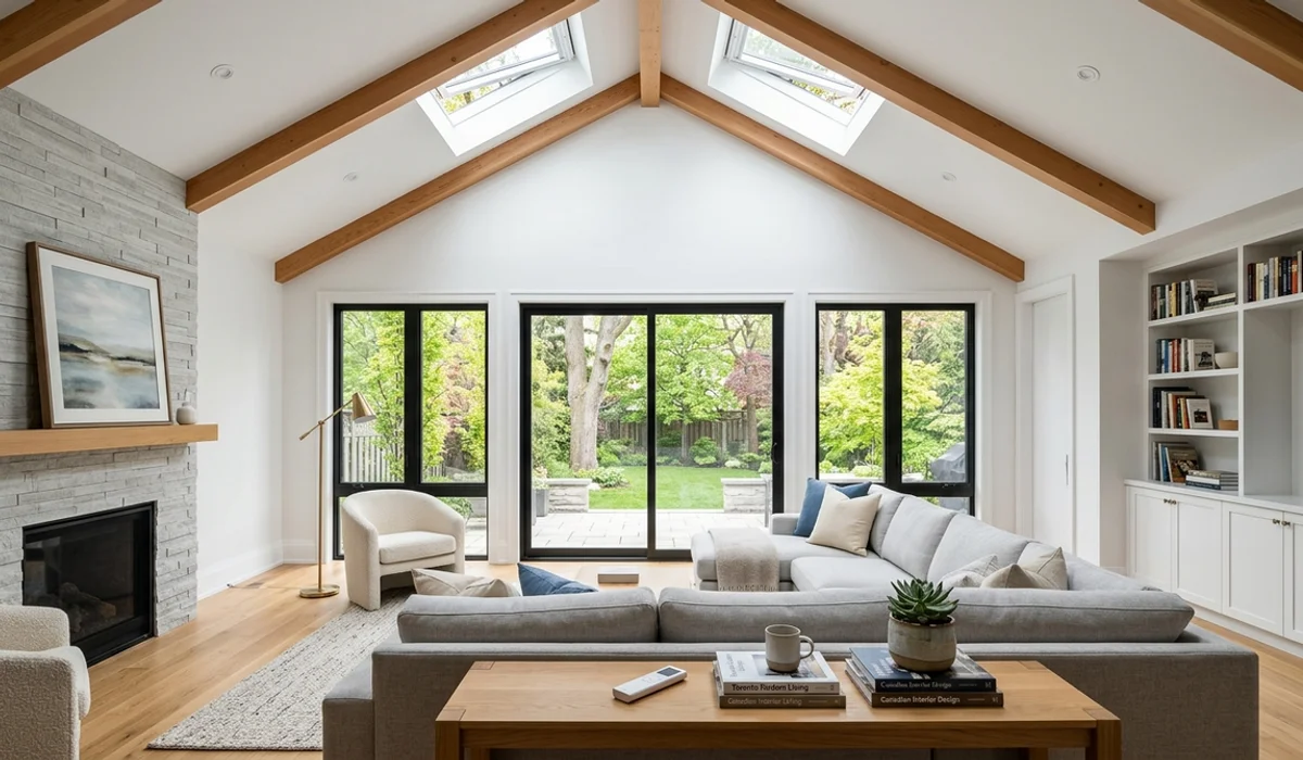 Cathedral ceiling living room with two open solar skylights