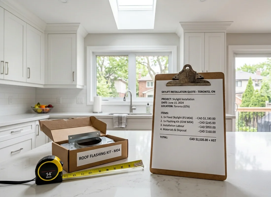 Itemized skylight quote on a clipboard beside a Velux flashing kit