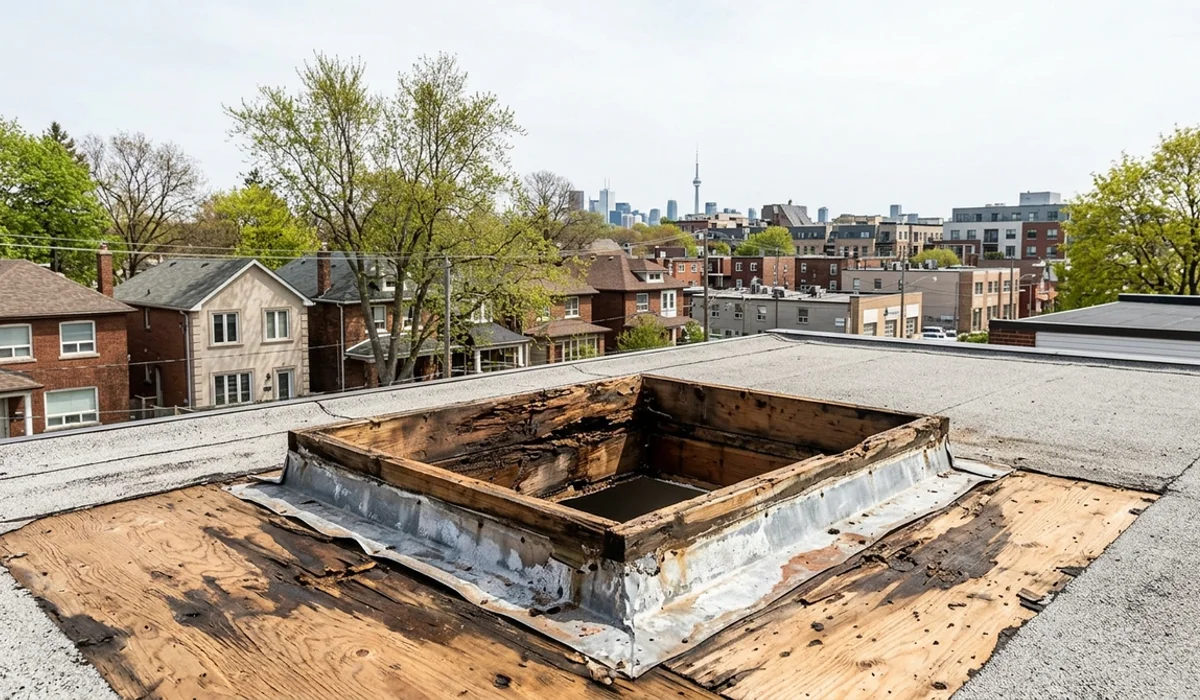 Rotted skylight curb and water-damaged deck exposed after old dome removal