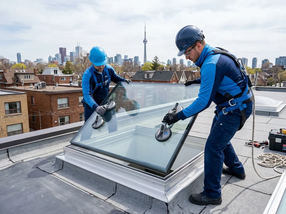 Glaziers lowering a new Low-E glass unit into an existing skylight frame