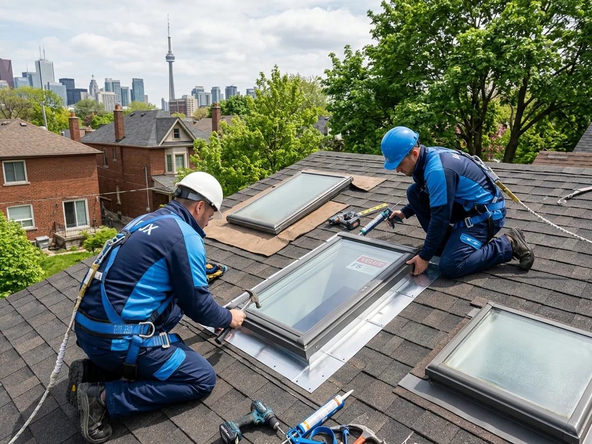 Installers setting a new Velux FS into an existing opening after removing a fogged unit