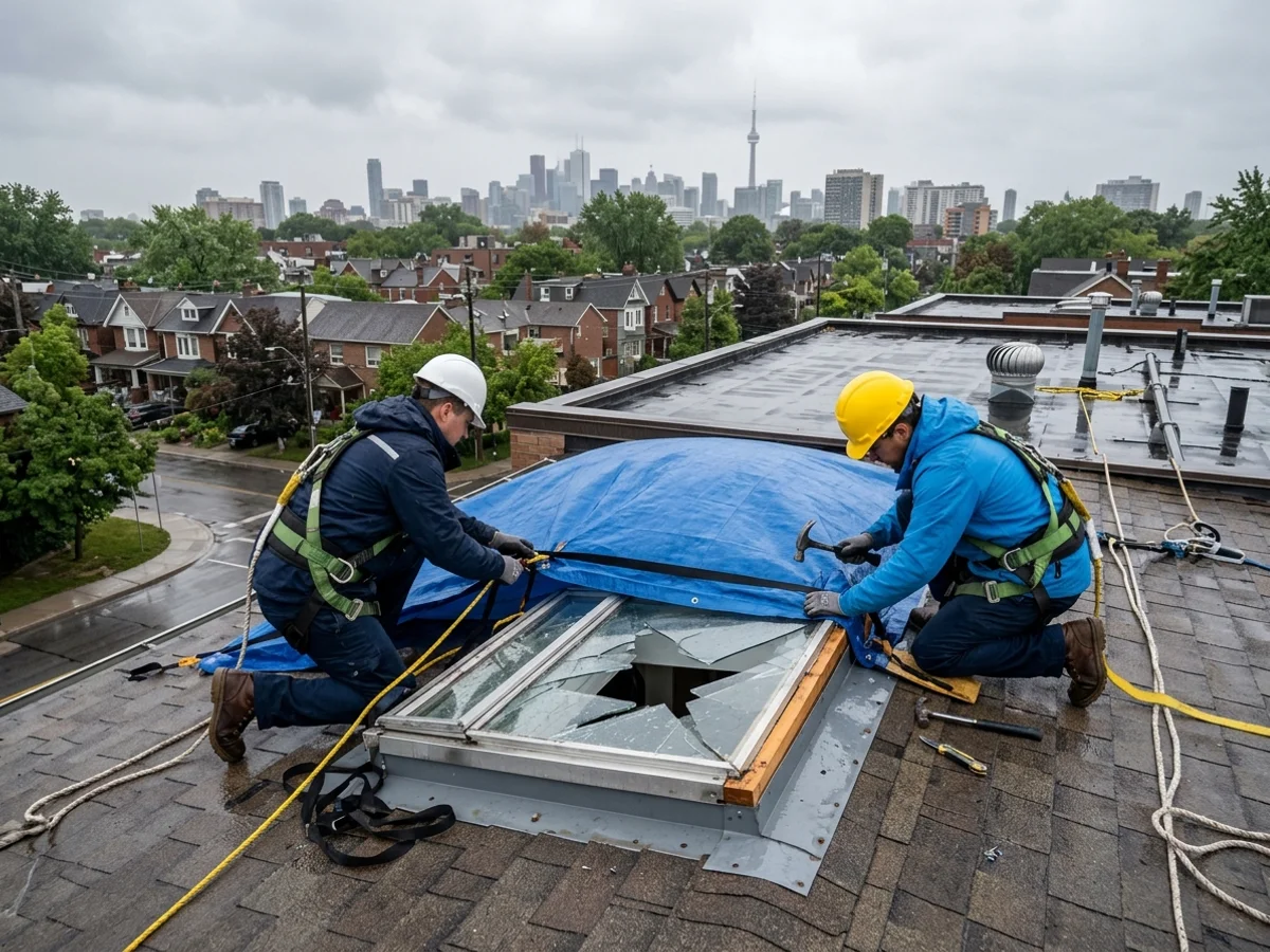 Emergency crew securing a tarp over a broken skylight after a storm