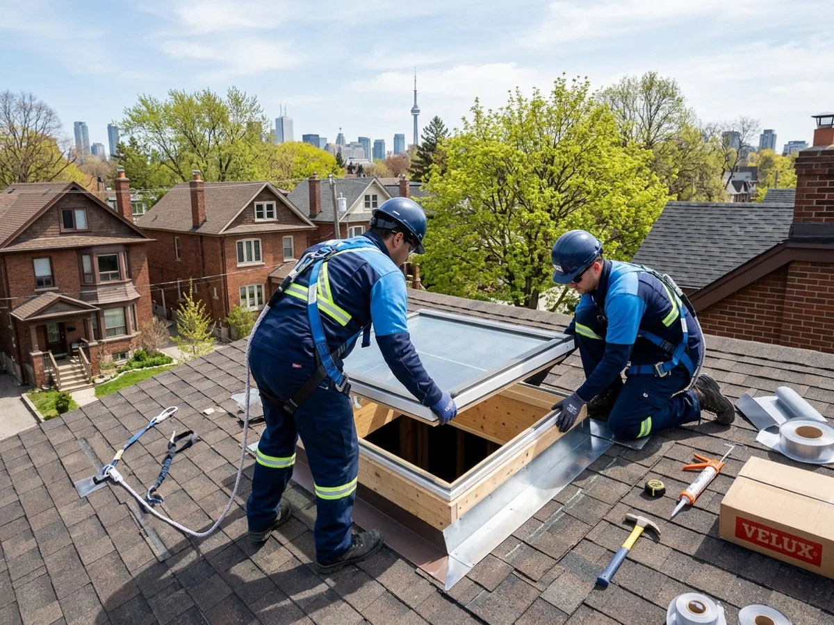 Two-person crew fitting a new Velux skylight into a framed roof opening on a Toronto brick home