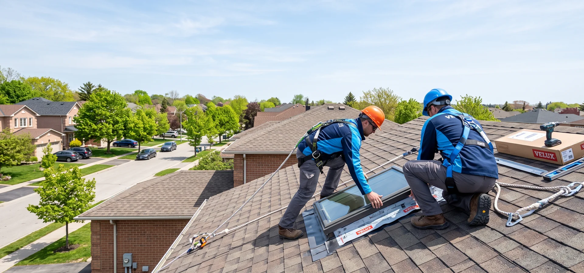 Skylight crew installing a Velux skylight on a GTA home roof
