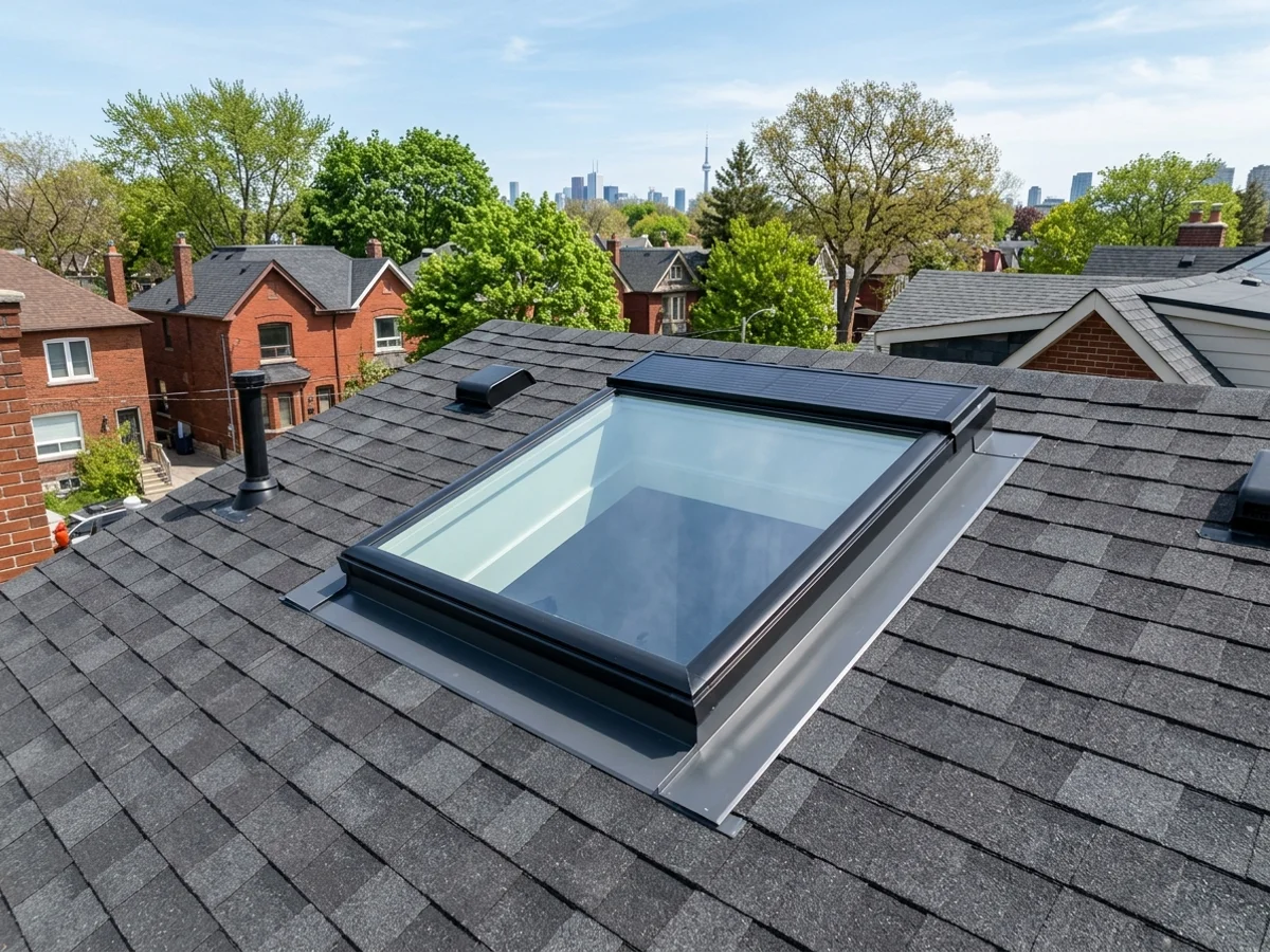 Velux VSS solar-powered skylight with solar panel strip on a Toronto roof